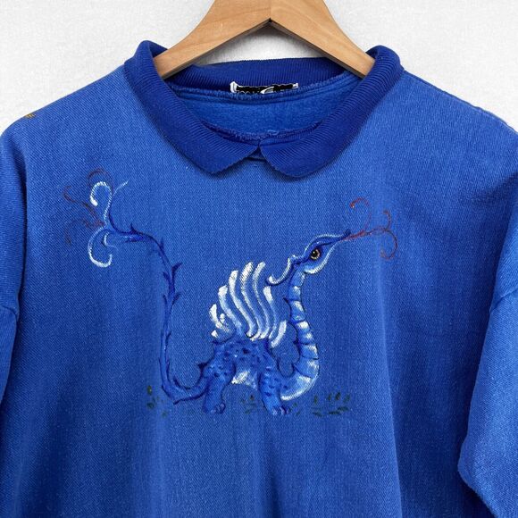 SCOTT LOWELL Sweatshirt Womens XL Dragon Hand Painted Collared 3/4 Sleeve Blue - Picture 1 of 14